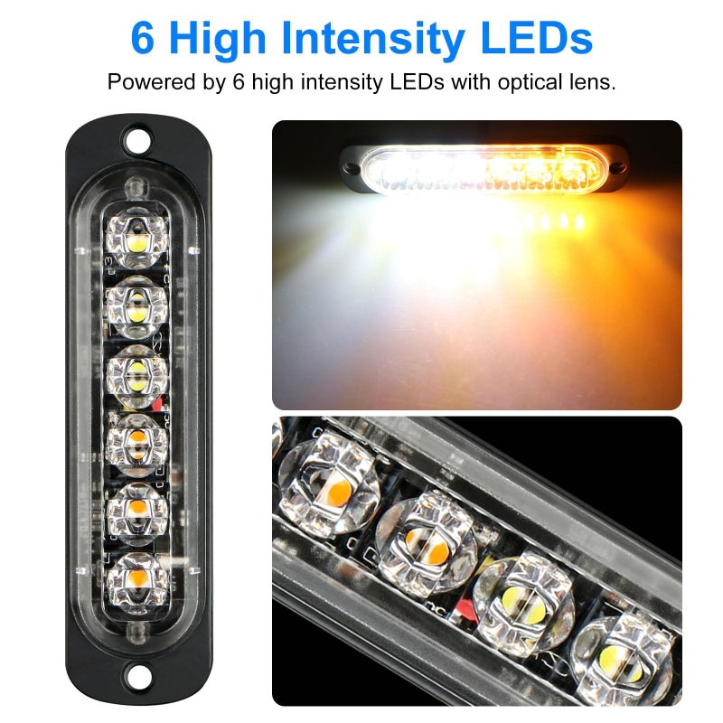 EEEKit 10 PCS LED Emergency Strobe Lights, 6 LED Amber White Strobe Warning Emergency Flashing Lights Surface Mount Caution Construction Hazard Light Bar for Car Truck Van Off-road Vehicle ATV SUV - Image 2